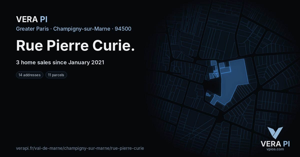 Rue Pierre Curie, Champigny-sur-Marne at night – every parcel coloured by the prices around it, the street's own parcels lit
