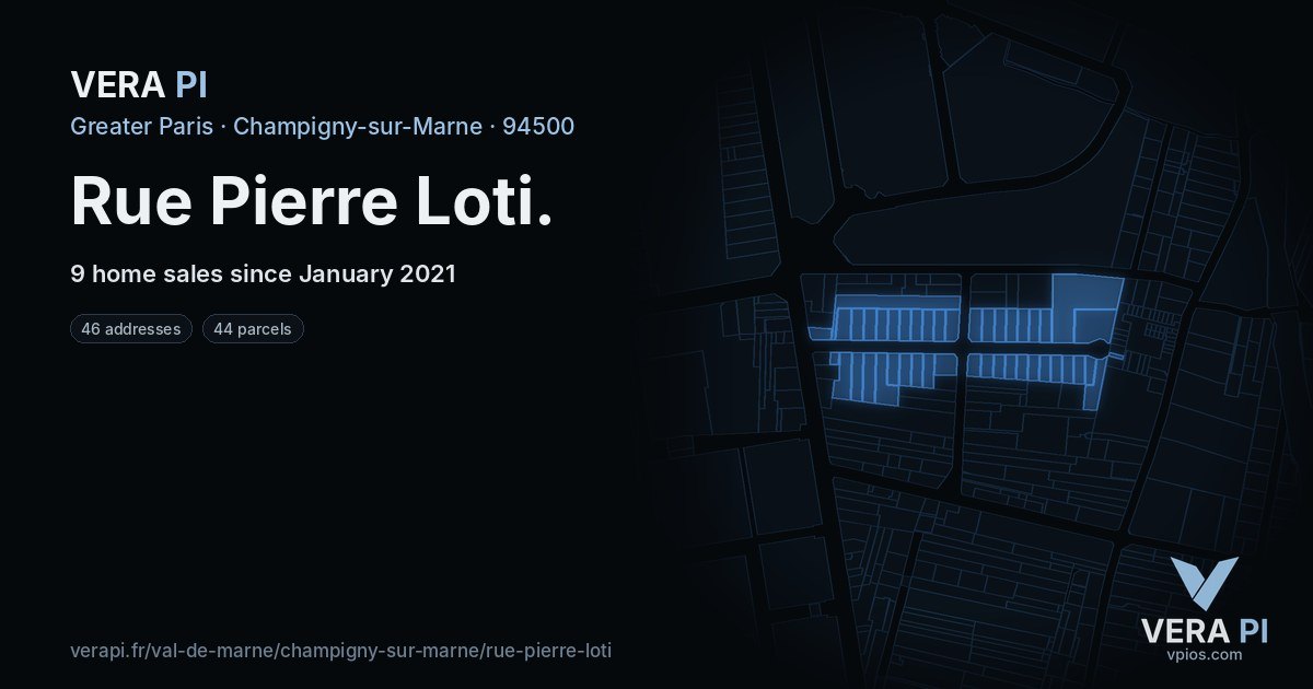 Rue Pierre Loti, Champigny-sur-Marne at night – every parcel coloured by the prices around it, the street's own parcels lit