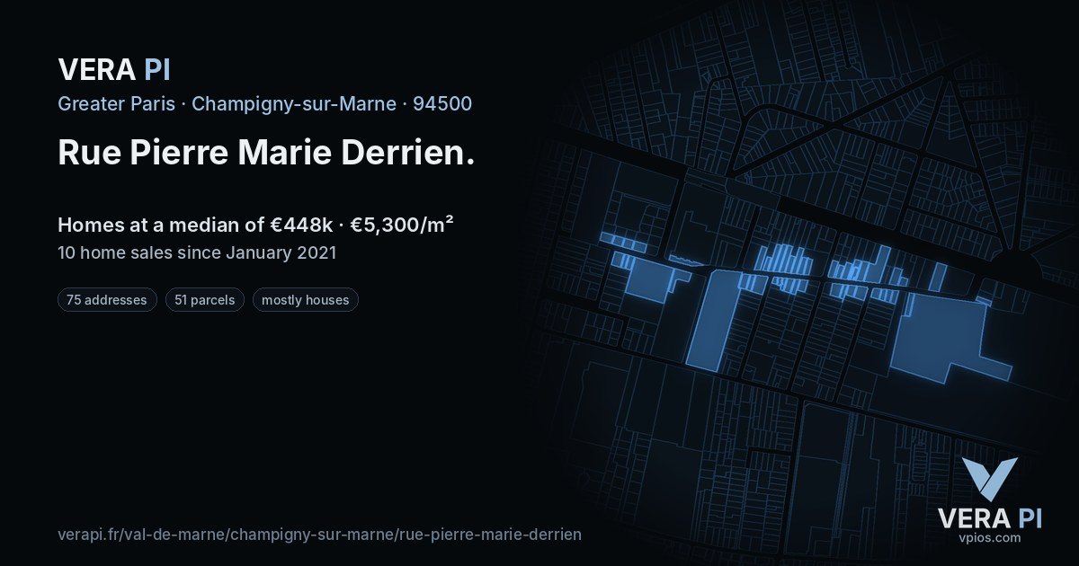 Rue Pierre Marie Derrien, Champigny-sur-Marne at night – every parcel coloured by the prices around it, the street's own parcels lit