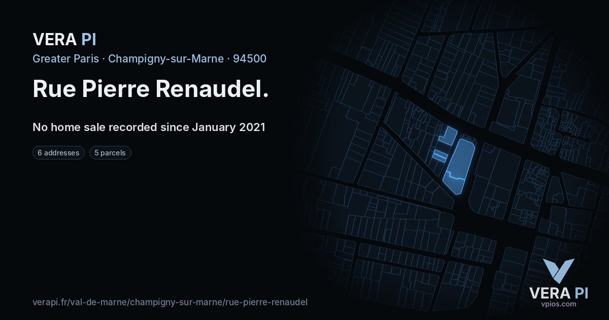 Rue Pierre Renaudel, Champigny-sur-Marne at night – every parcel coloured by the prices around it, the street's own parcels lit