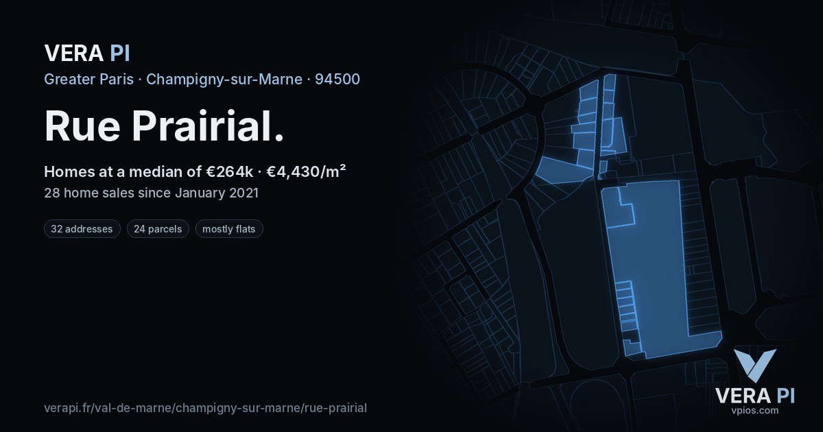 Rue Prairial, Champigny-sur-Marne at night – every parcel coloured by the prices around it, the street's own parcels lit