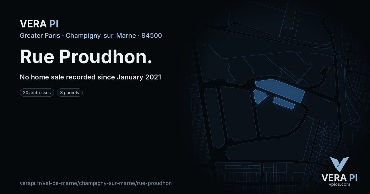 Rue Proudhon, Champigny-sur-Marne at night – every parcel coloured by the prices around it, the street's own parcels lit