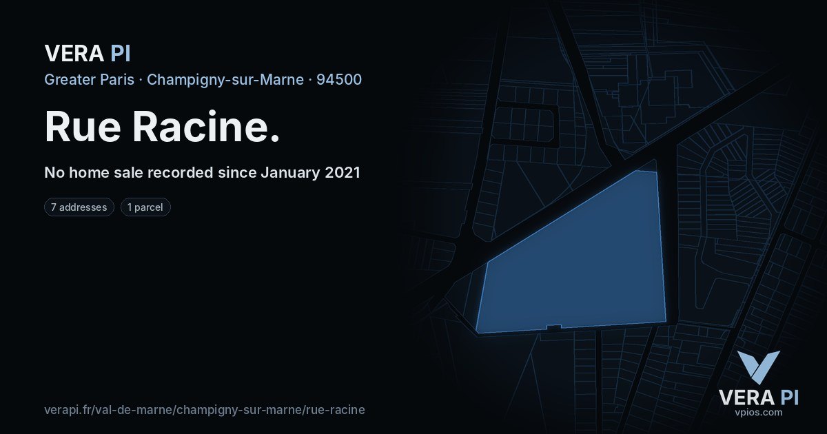Rue Racine, Champigny-sur-Marne at night – every parcel coloured by the prices around it, the street's own parcels lit