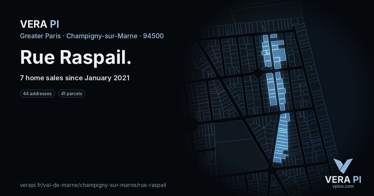 Rue Raspail, Champigny-sur-Marne at night – every parcel coloured by the prices around it, the street's own parcels lit