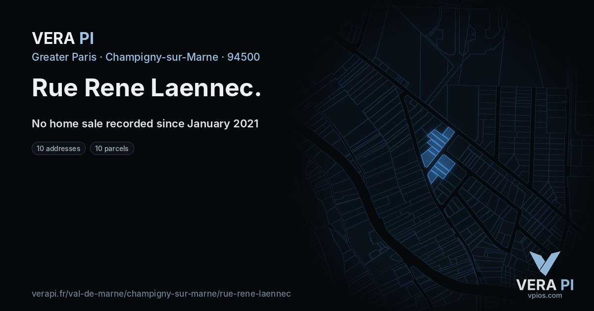 Rue Rene Laennec, Champigny-sur-Marne at night – every parcel coloured by the prices around it, the street's own parcels lit