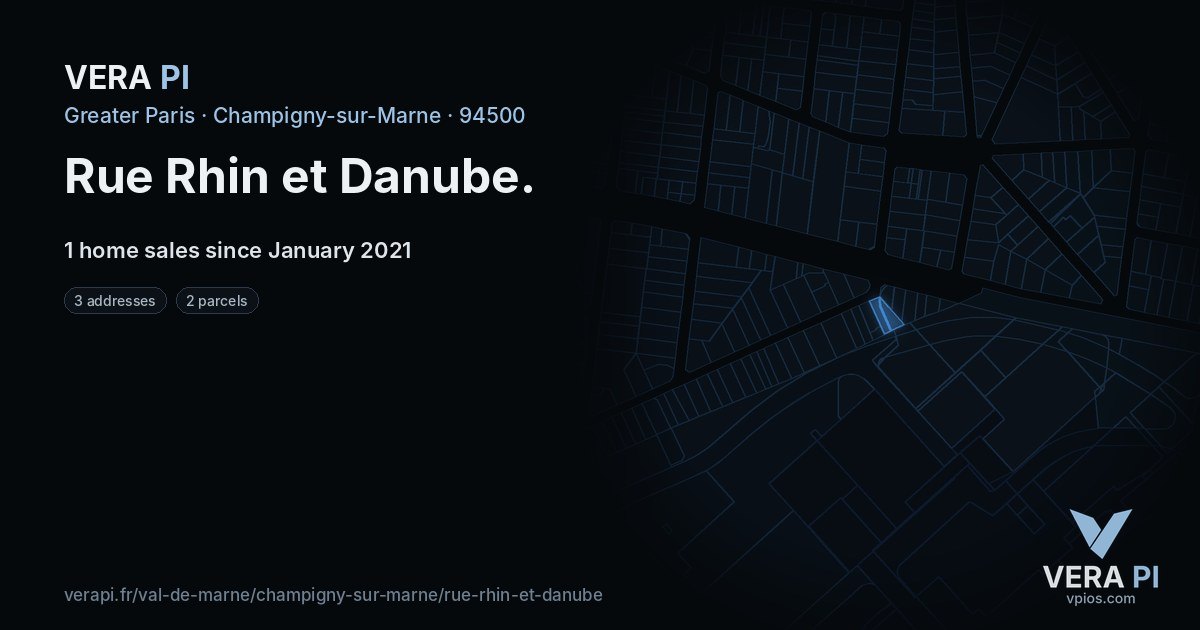 Rue Rhin et Danube, Champigny-sur-Marne at night – every parcel coloured by the prices around it, the street's own parcels lit