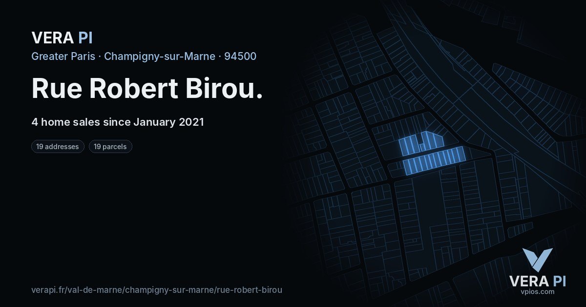 Rue Robert Birou, Champigny-sur-Marne at night – every parcel coloured by the prices around it, the street's own parcels lit