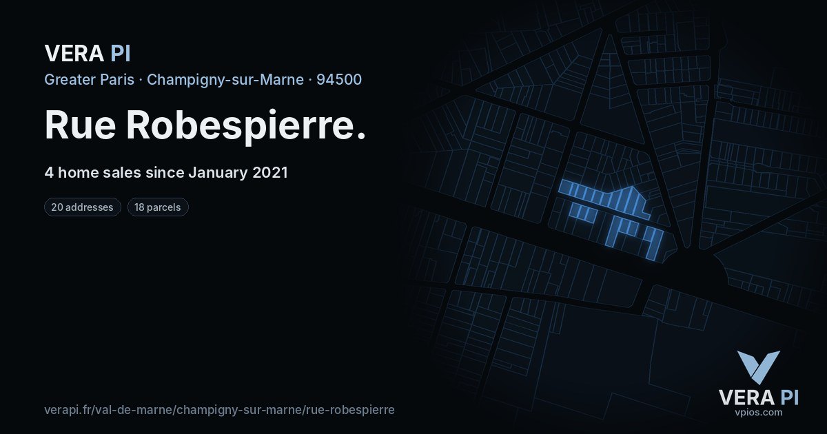 Rue Robespierre, Champigny-sur-Marne at night – every parcel coloured by the prices around it, the street's own parcels lit
