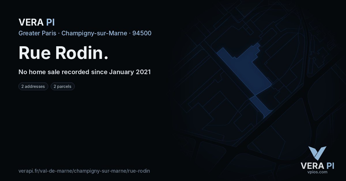 Rue Rodin, Champigny-sur-Marne at night – every parcel coloured by the prices around it, the street's own parcels lit