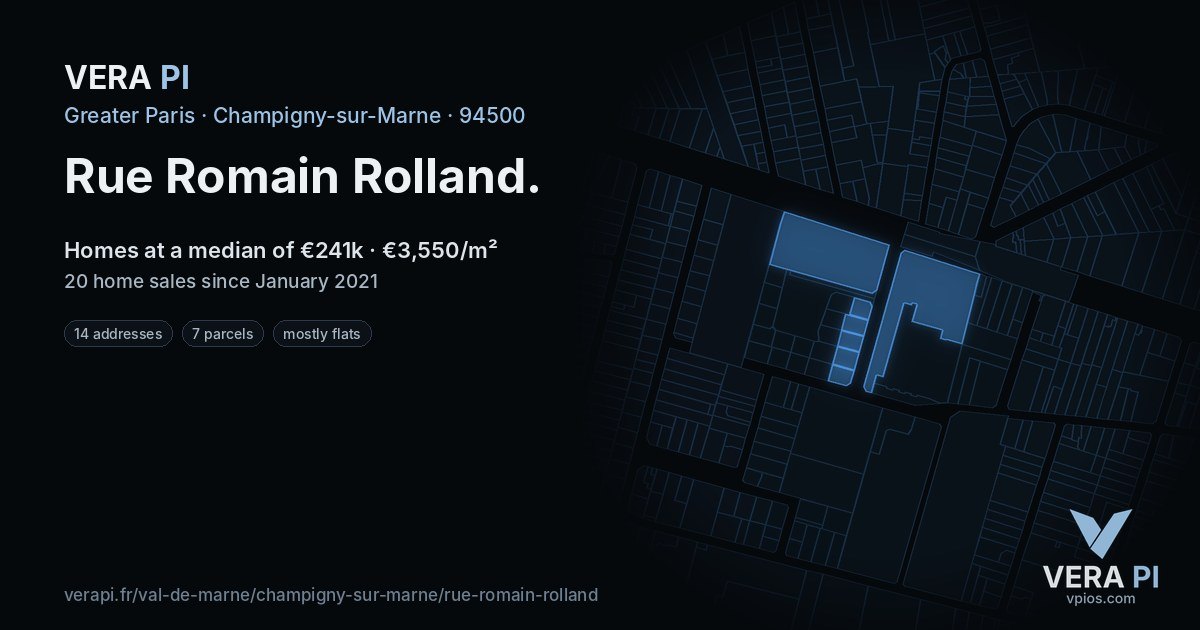 Rue Romain Rolland, Champigny-sur-Marne at night – every parcel coloured by the prices around it, the street's own parcels lit
