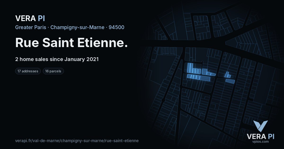 Rue Saint Etienne, Champigny-sur-Marne at night – every parcel coloured by the prices around it, the street's own parcels lit