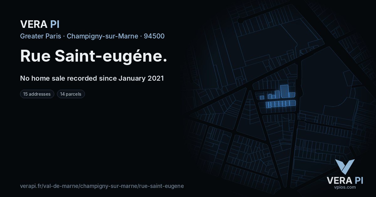 Rue Saint-eugéne, Champigny-sur-Marne at night – every parcel coloured by the prices around it, the street's own parcels lit