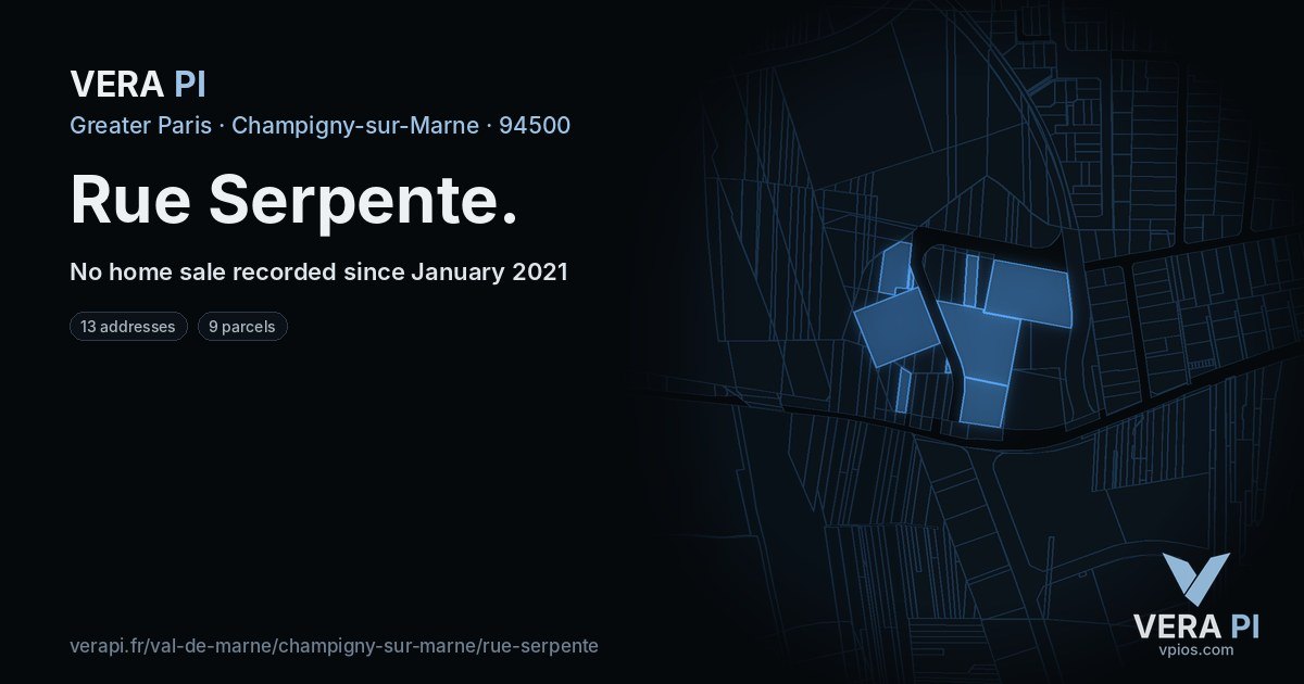 Rue Serpente, Champigny-sur-Marne at night – every parcel coloured by the prices around it, the street's own parcels lit