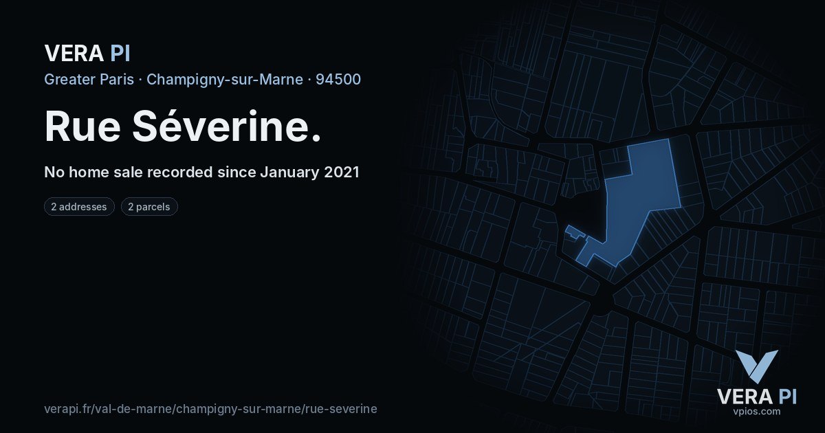 Rue Séverine, Champigny-sur-Marne at night – every parcel coloured by the prices around it, the street's own parcels lit
