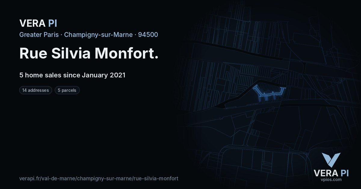 Rue Silvia Monfort, Champigny-sur-Marne at night – every parcel coloured by the prices around it, the street's own parcels lit