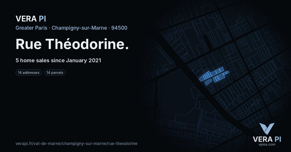 Rue Théodorine, Champigny-sur-Marne at night – every parcel coloured by the prices around it, the street's own parcels lit