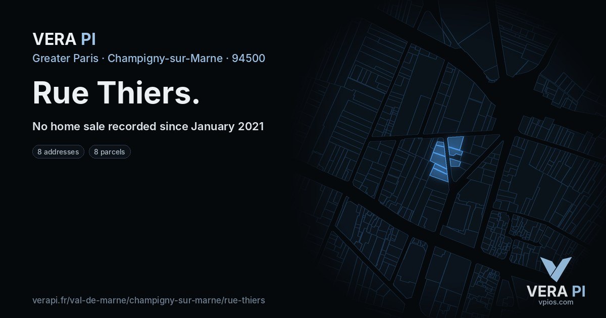 Rue Thiers, Champigny-sur-Marne at night – every parcel coloured by the prices around it, the street's own parcels lit