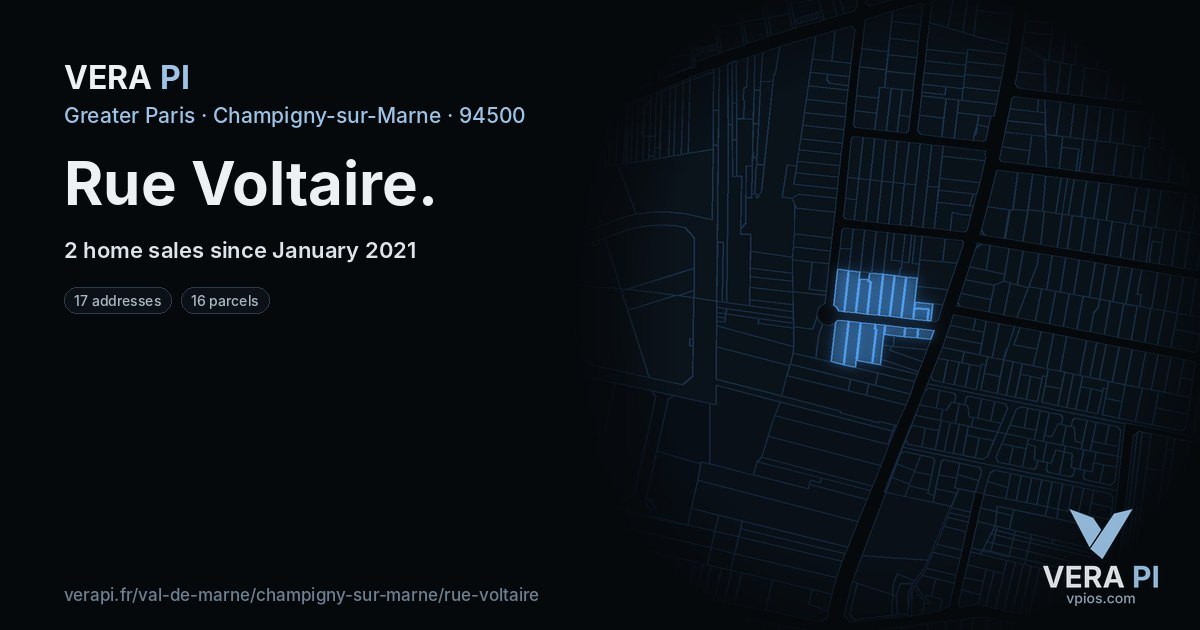 Rue Voltaire, Champigny-sur-Marne at night – every parcel coloured by the prices around it, the street's own parcels lit