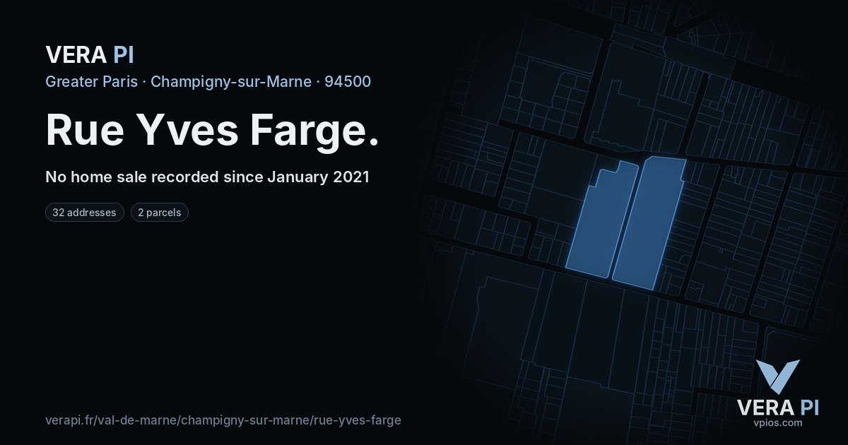Rue Yves Farge, Champigny-sur-Marne at night – every parcel coloured by the prices around it, the street's own parcels lit