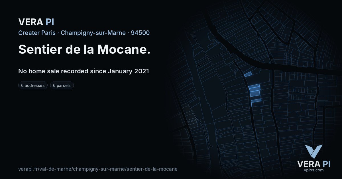 Sentier de la Mocane, Champigny-sur-Marne at night – every parcel coloured by the prices around it, the street's own parcels lit