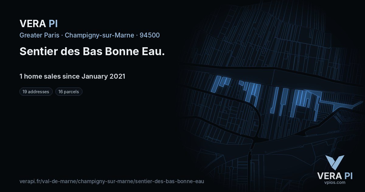 Sentier des Bas Bonne Eau, Champigny-sur-Marne at night – every parcel coloured by the prices around it, the street's own parcels lit