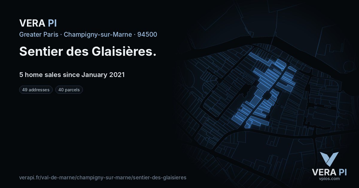 Sentier des Glaisières, Champigny-sur-Marne at night – every parcel coloured by the prices around it, the street's own parcels lit