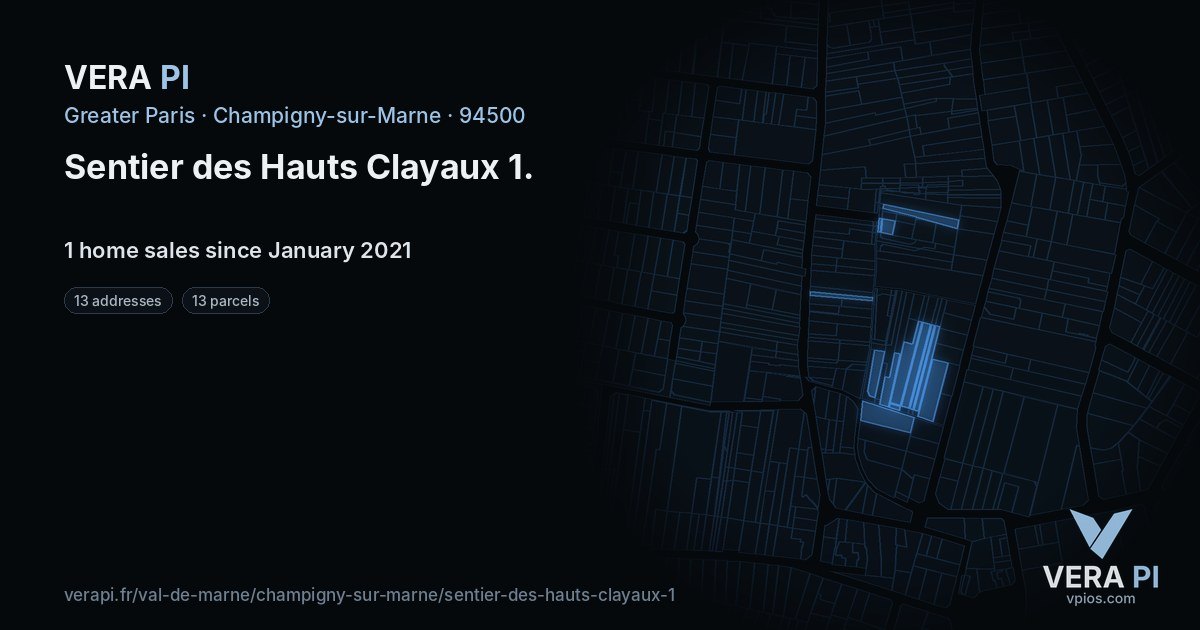 Sentier des Hauts Clayaux 1, Champigny-sur-Marne at night – every parcel coloured by the prices around it, the street's own parcels lit