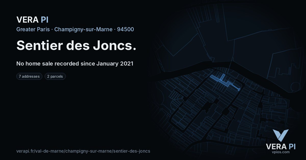 Sentier des Joncs, Champigny-sur-Marne at night – every parcel coloured by the prices around it, the street's own parcels lit
