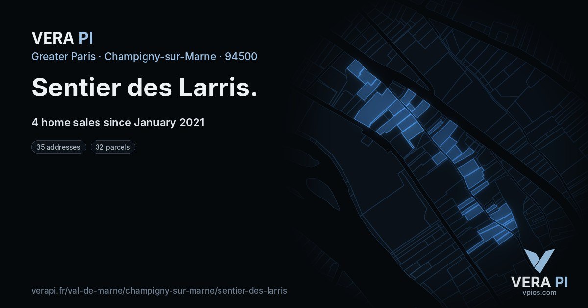 Sentier des Larris, Champigny-sur-Marne at night – every parcel coloured by the prices around it, the street's own parcels lit