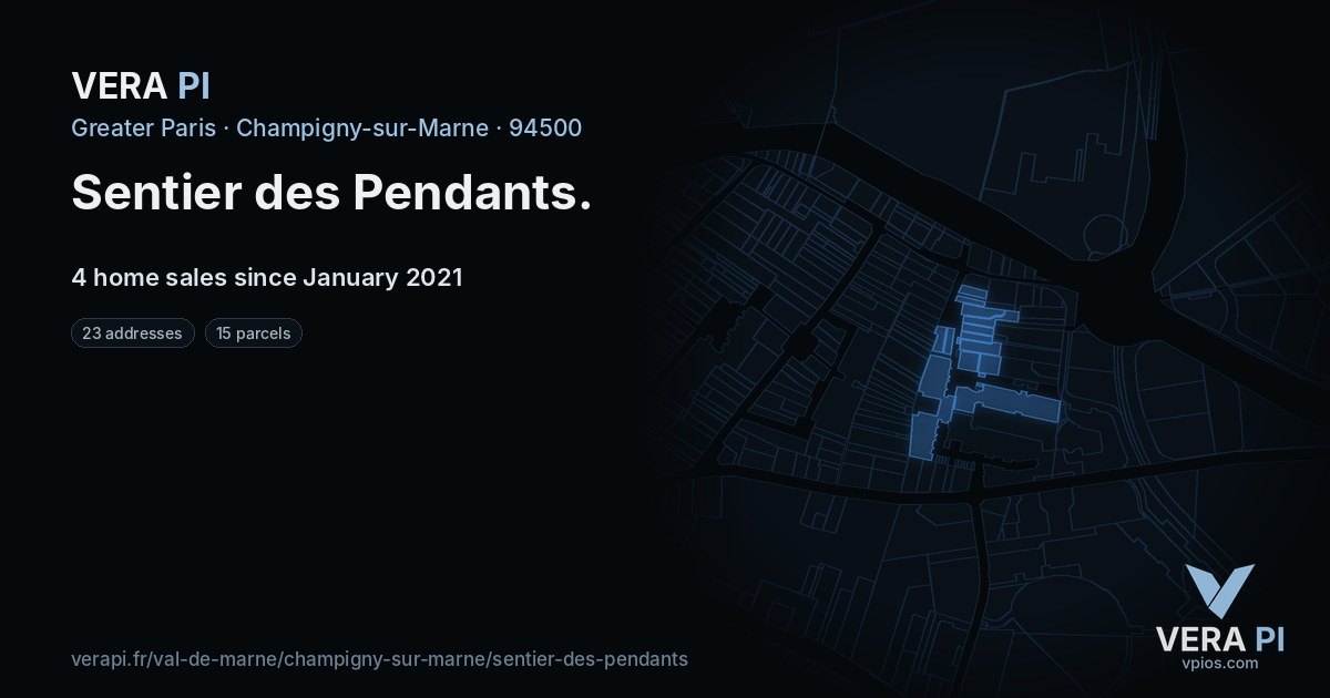 Sentier des Pendants, Champigny-sur-Marne at night – every parcel coloured by the prices around it, the street's own parcels lit