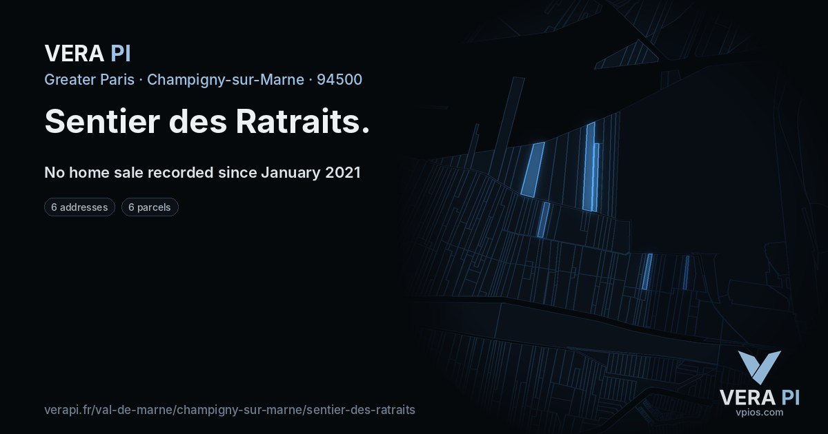 Sentier des Ratraits, Champigny-sur-Marne at night – every parcel coloured by the prices around it, the street's own parcels lit