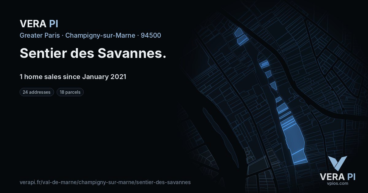Sentier des Savannes, Champigny-sur-Marne at night – every parcel coloured by the prices around it, the street's own parcels lit