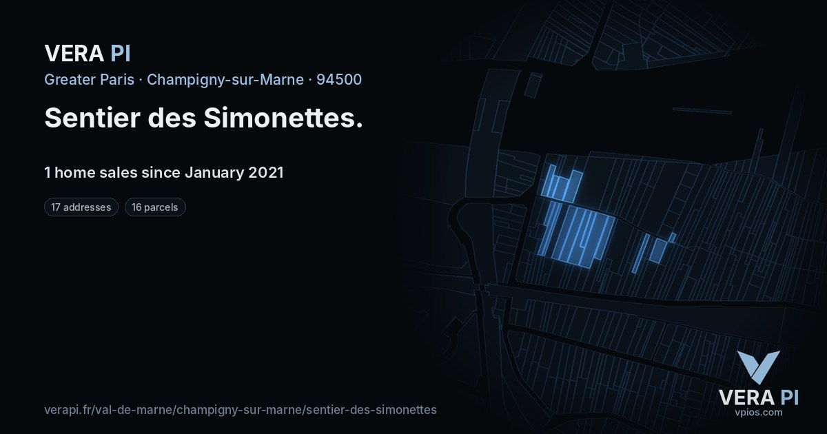 Sentier des Simonettes, Champigny-sur-Marne at night – every parcel coloured by the prices around it, the street's own parcels lit