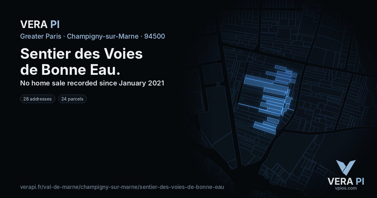 Sentier des Voies de Bonne Eau, Champigny-sur-Marne at night – every parcel coloured by the prices around it, the street's own parcels lit