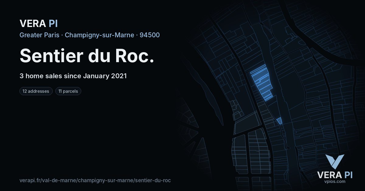 Sentier du Roc, Champigny-sur-Marne at night – every parcel coloured by the prices around it, the street's own parcels lit