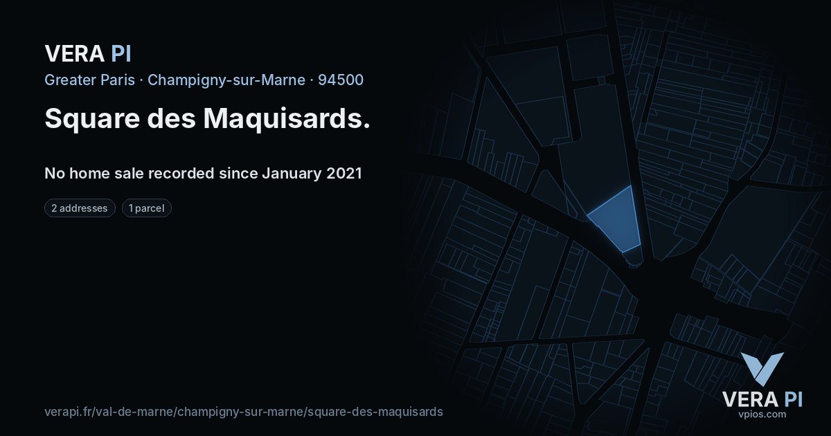 Square des Maquisards, Champigny-sur-Marne at night – every parcel coloured by the prices around it, the street's own parcels lit