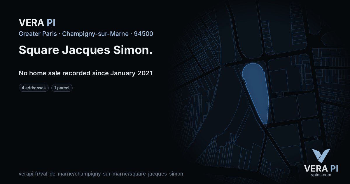Square Jacques Simon, Champigny-sur-Marne at night – every parcel coloured by the prices around it, the street's own parcels lit
