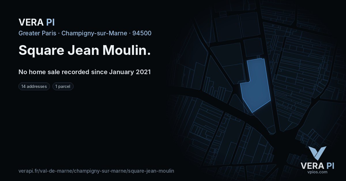 Square Jean Moulin, Champigny-sur-Marne at night – every parcel coloured by the prices around it, the street's own parcels lit