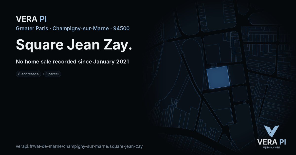 Square Jean Zay, Champigny-sur-Marne at night – every parcel coloured by the prices around it, the street's own parcels lit