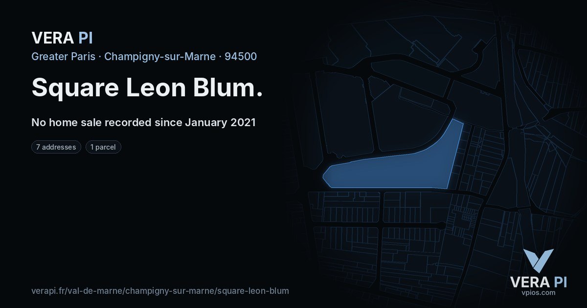 Square Leon Blum, Champigny-sur-Marne at night – every parcel coloured by the prices around it, the street's own parcels lit