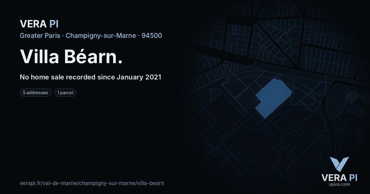 Villa Béarn, Champigny-sur-Marne at night – every parcel coloured by the prices around it, the street's own parcels lit