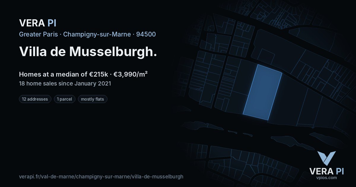 Villa de Musselburgh, Champigny-sur-Marne at night – every parcel coloured by the prices around it, the street's own parcels lit