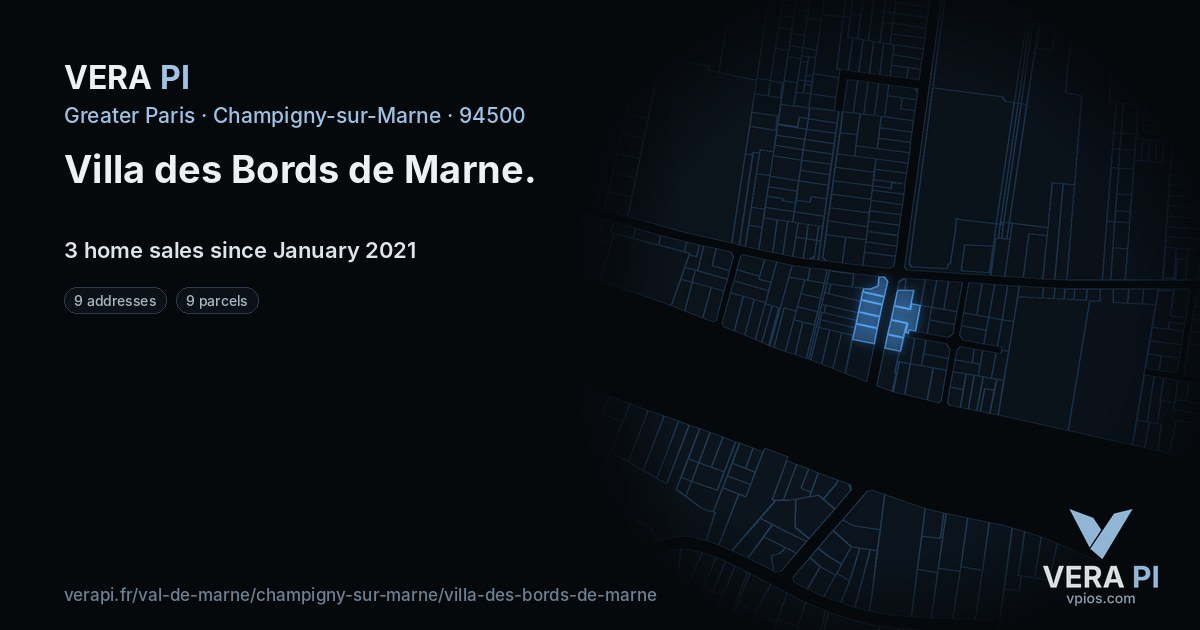 Villa des Bords de Marne, Champigny-sur-Marne at night – every parcel coloured by the prices around it, the street's own parcels lit