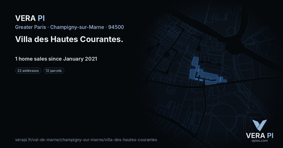 Villa des Hautes Courantes, Champigny-sur-Marne at night – every parcel coloured by the prices around it, the street's own parcels lit
