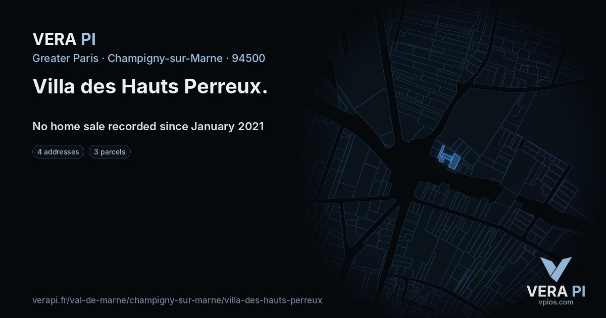 Villa des Hauts Perreux, Champigny-sur-Marne at night – every parcel coloured by the prices around it, the street's own parcels lit