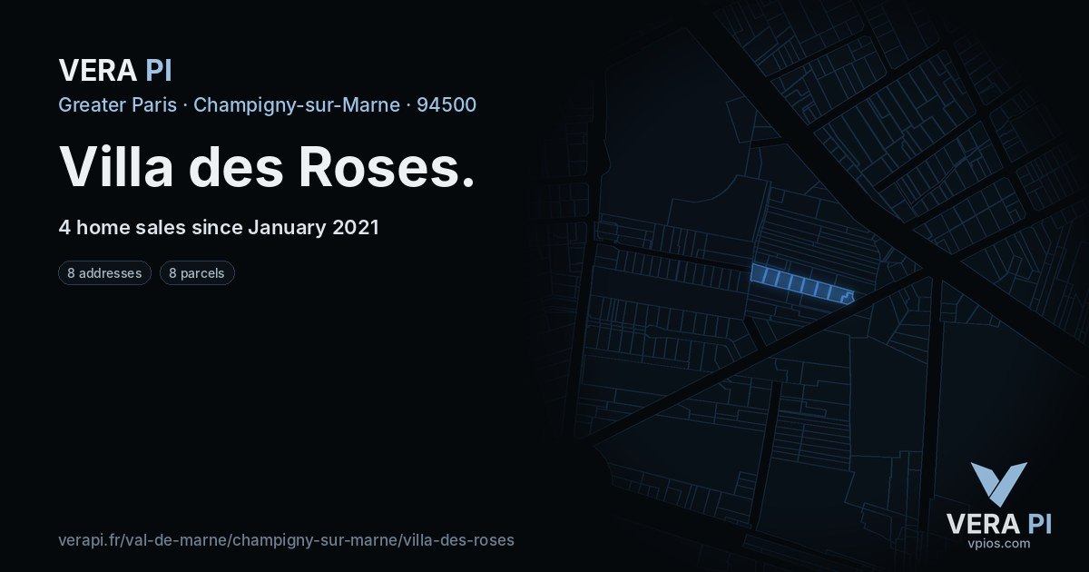 Villa des Roses, Champigny-sur-Marne at night – every parcel coloured by the prices around it, the street's own parcels lit