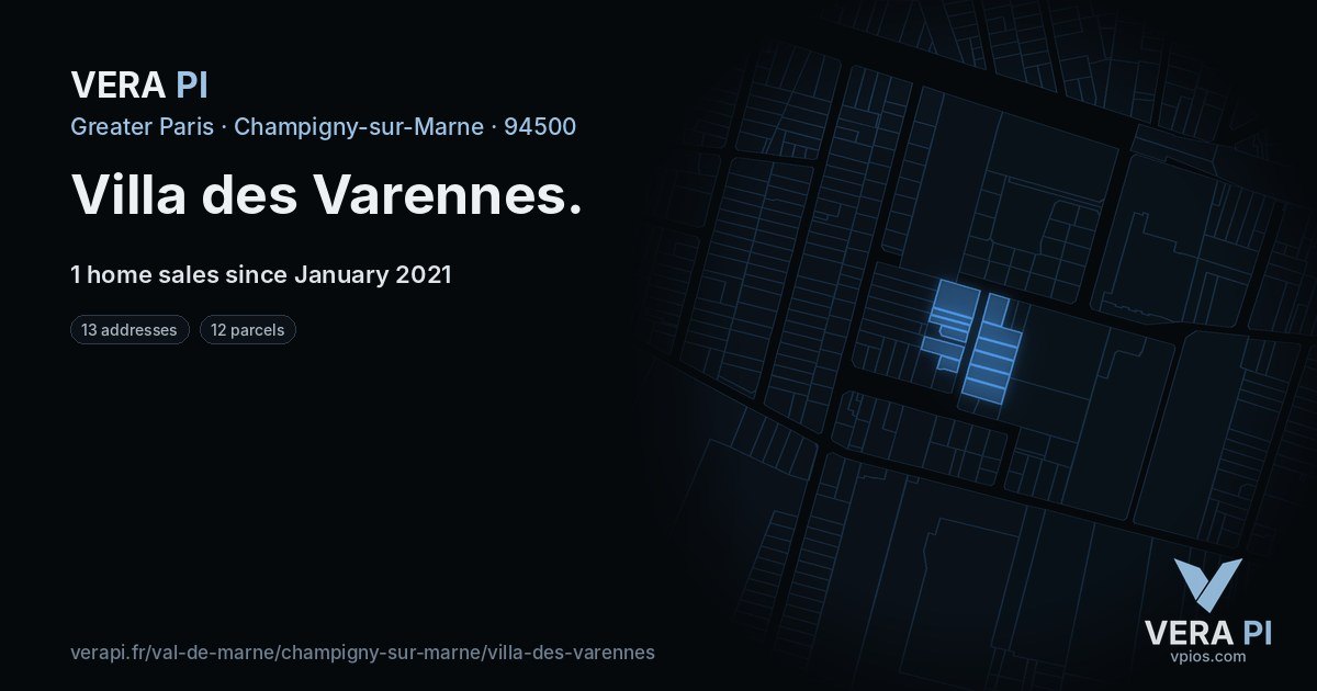 Villa des Varennes, Champigny-sur-Marne at night – every parcel coloured by the prices around it, the street's own parcels lit
