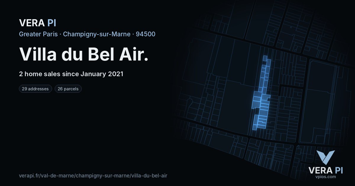 Villa du Bel Air, Champigny-sur-Marne at night – every parcel coloured by the prices around it, the street's own parcels lit
