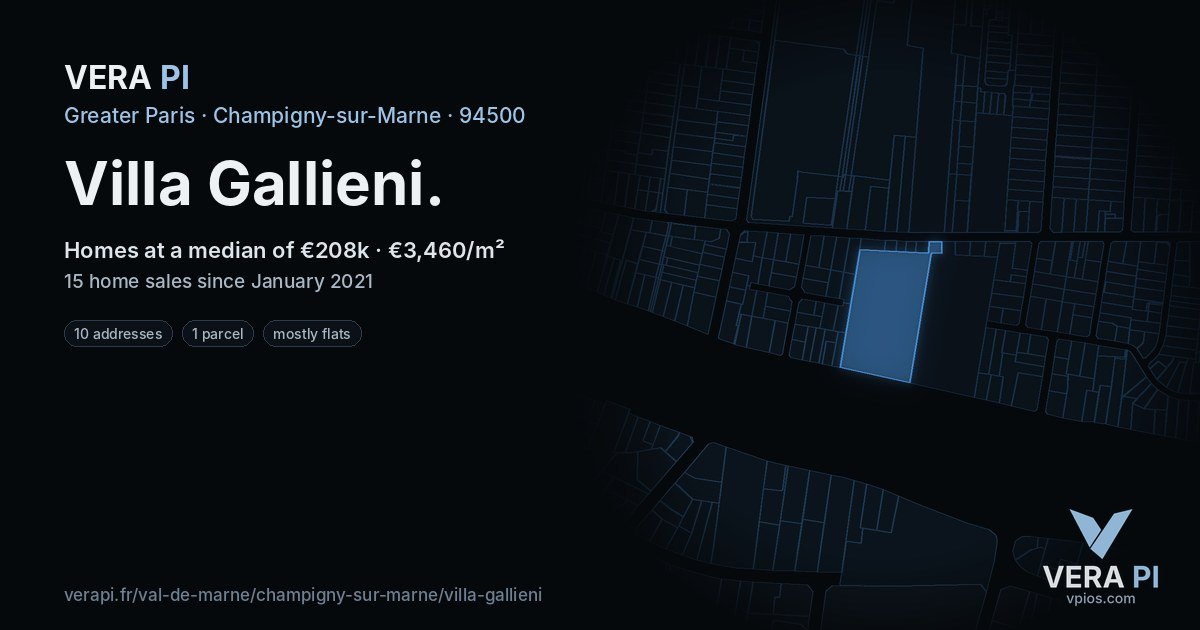 Villa Gallieni, Champigny-sur-Marne at night – every parcel coloured by the prices around it, the street's own parcels lit
