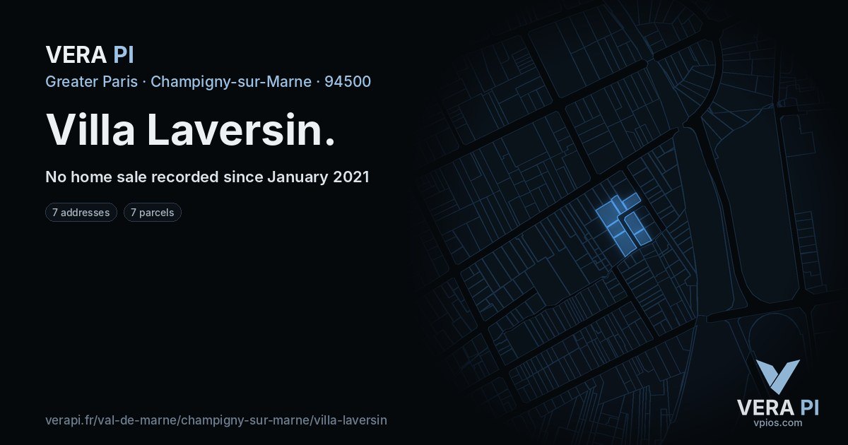 Villa Laversin, Champigny-sur-Marne at night – every parcel coloured by the prices around it, the street's own parcels lit